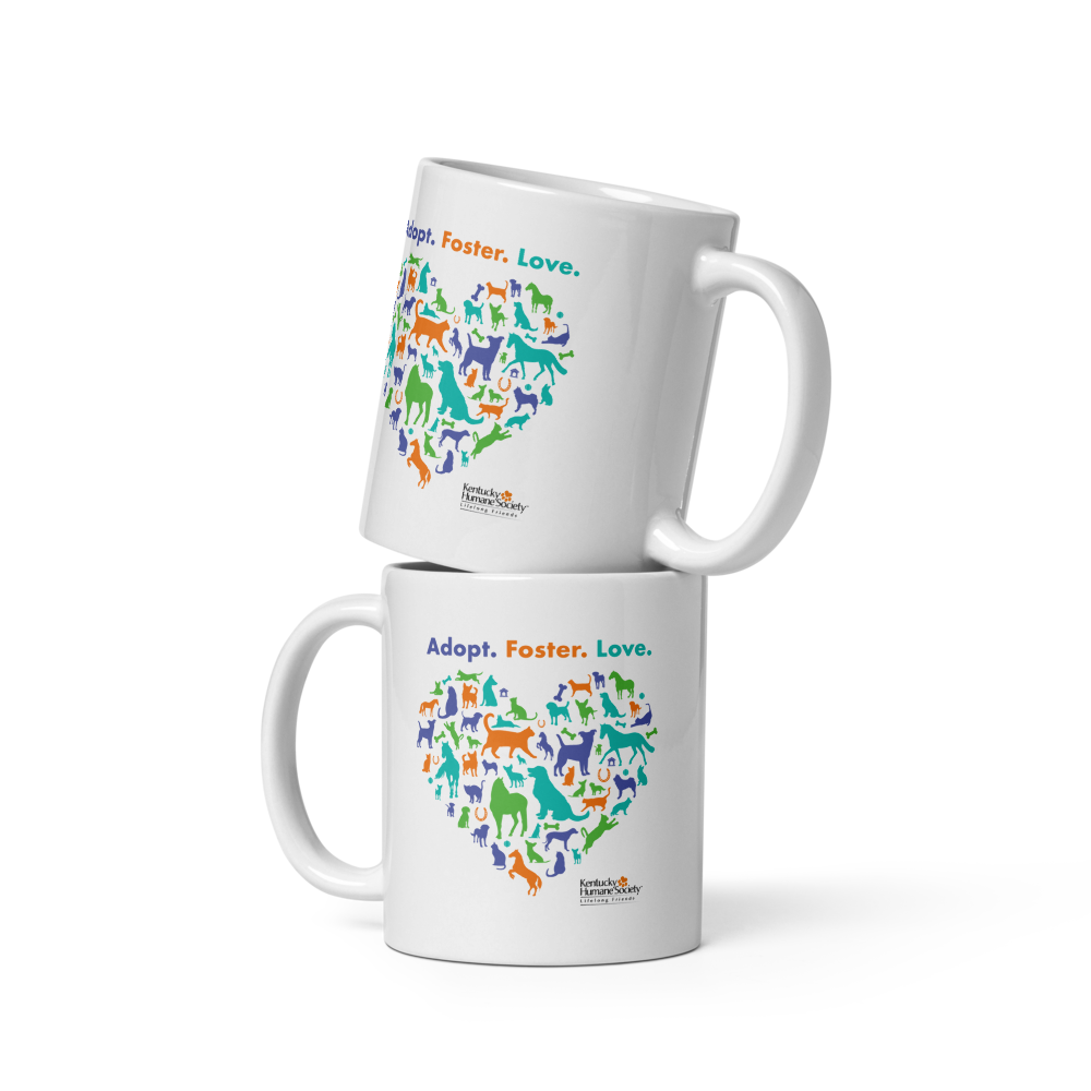 Adopt. Love. Foster. Heart White glossy mug