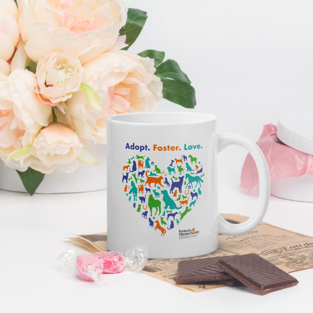 Adopt. Love. Foster. Heart White glossy mug