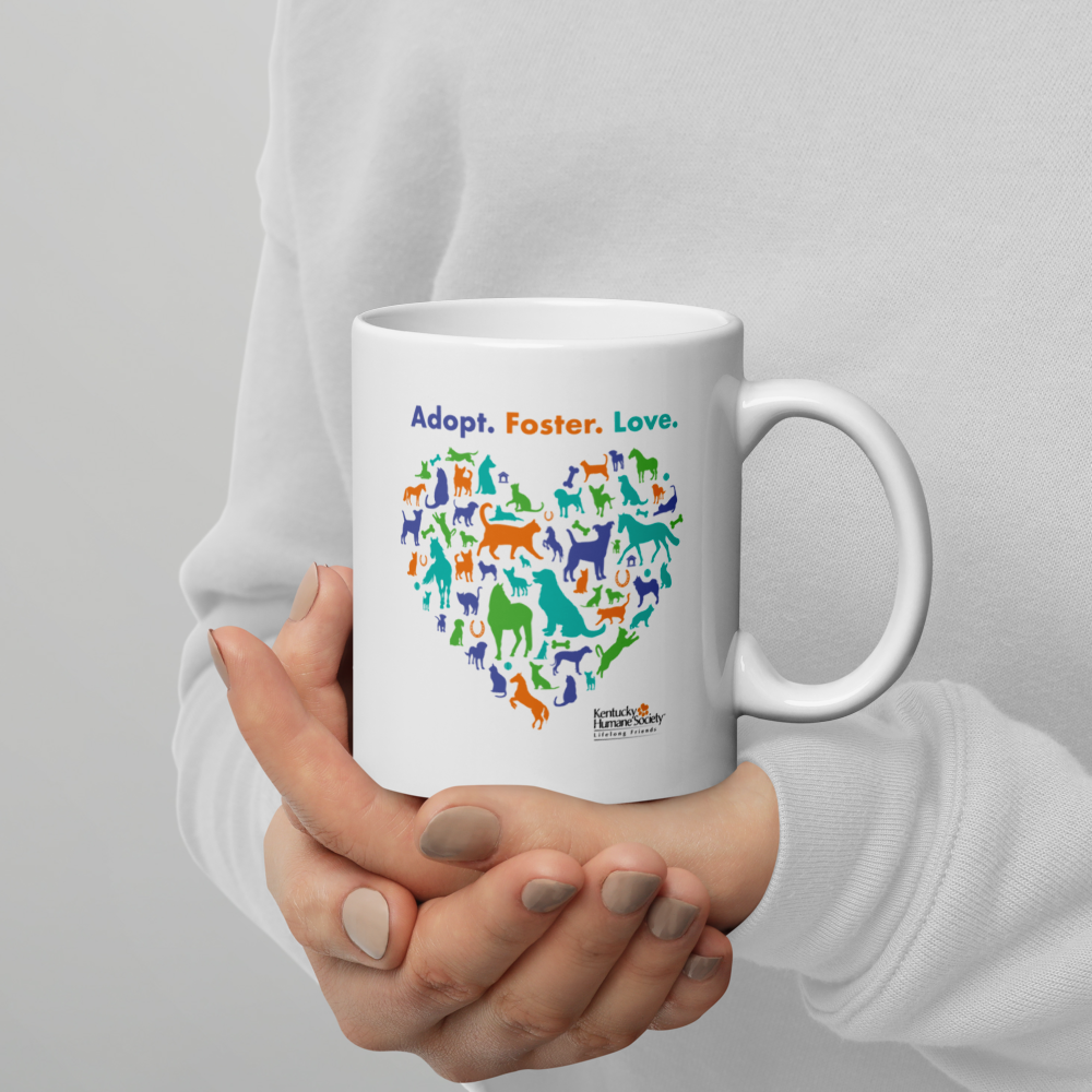 Adopt. Love. Foster. Heart White glossy mug