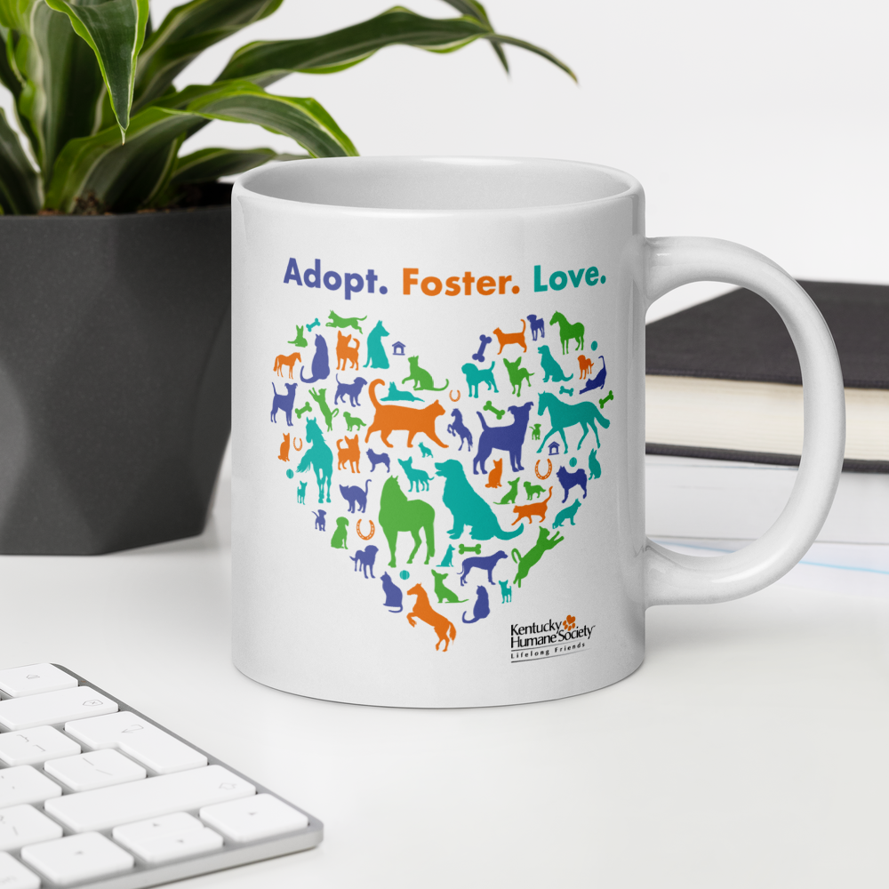 Adopt. Love. Foster. Heart White glossy mug