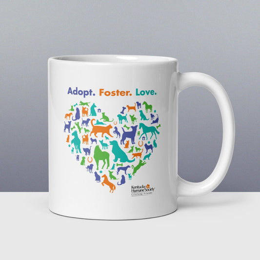 Adopt. Love. Foster. Heart White glossy mug