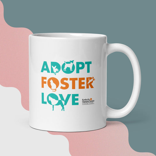 Adopt, Foster, Love White glossy mug